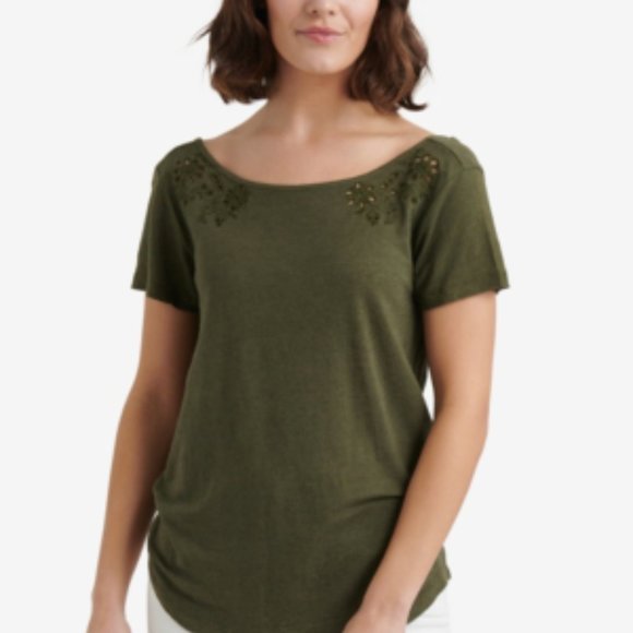 Lucky Brand Tops - LUCKY BRAND Eyelet Scoop Back Linen Blend Top In